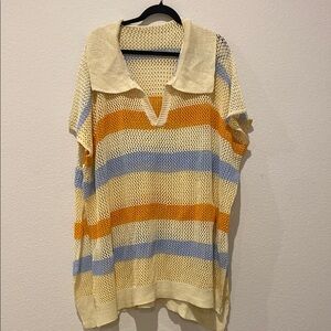 Striped Knit Short Sleeve Swimsuit Cover Up